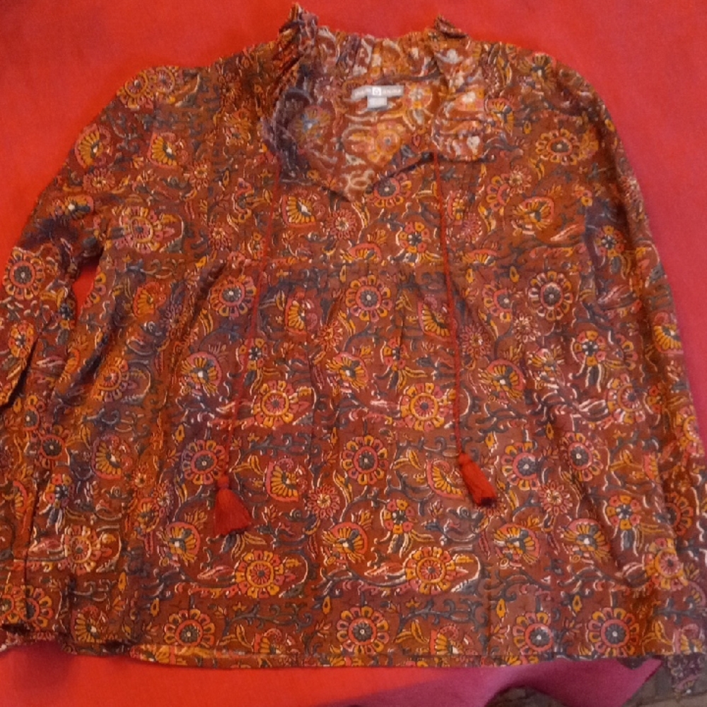 Shade Amour Linen  Floral Tassel Peasant Blouse in Rust